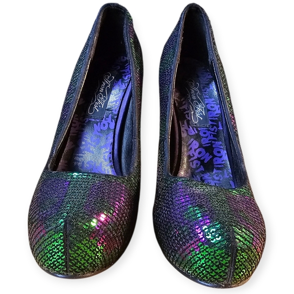 πβ¨ Iron Fist Digiskull Platform Pumps β Green & Purple Sequin | Size 38 (US 7.5 - Picture 3 of 14